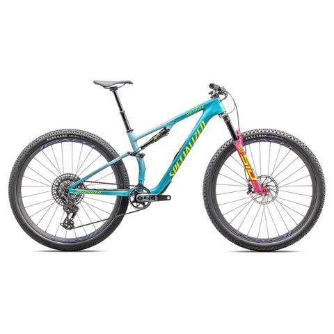 2025 Specialized Epic 8 Pro Mountain Bike featuring a teal frame with vibrant yellow branding wide tires and a suspension fork designed for off-road performance