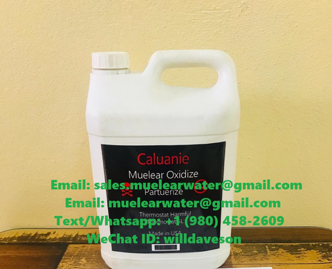 A white plastic container labeled "Caluanie Muelear Oxidize" with handling and contact information printed on it