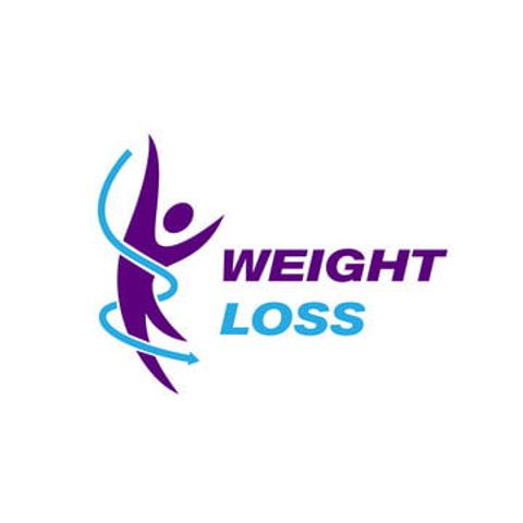 A stylized figure in purple and blue representing movement with the text WEIGHT LOSS beside it