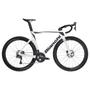 A 2024 Bianchi Oltre Comp Ultegra Di2 road bike featuring a sleek design with a white and black color scheme carbon frame and aerodynamic handlebars