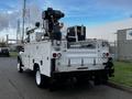 A white 2018 Ford F-550 with a work truck body equipped with a crane and various tools on the back