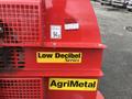 A red 2014 John Deere 1585 Terrain Cut with labels reading Low Decibel Series and AgriMetal on the side