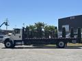 A white 2018 International DuraStar flatbed truck with palm trees loaded on the flatbed