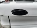 A close-up view of a black oval cargo cover emblem attached to the tailgate of a white 2010 Ford F-150