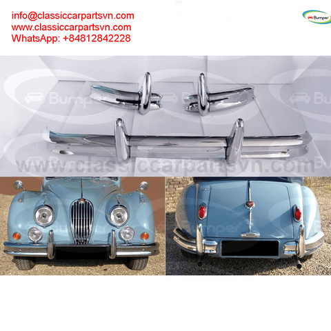A 1954 Jaguar XK140 with a sleek blue exterior and distinctive chrome bumpers showcasing its classic design and elegance