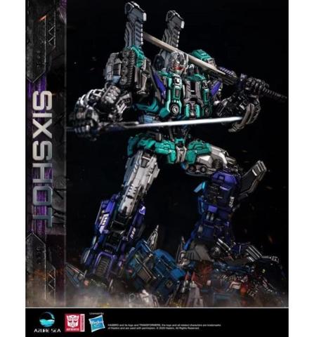 Limited edition Transformers Sixshot statue featuring a highly detailed figure with multiple arms wielding swords in an action pose