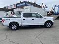 A white 2019 Ford F-150 pickup truck with four doors and a 4x4 emblem on the side parked on a lot