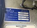 A blue and white label displaying technical information about a VanAir model 160 UDSM including serial number maximum pressure and compressor input RPM