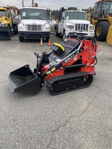 A 2024 AGT Industrial LRT23 compact loader with a black bucket and red body featuring tracks instead of wheels