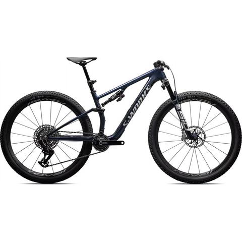 A 2026 Specialized S-Works Epic 8 mountain bike features a sleek frame wide tires and a modern design suitable for competitive cycling