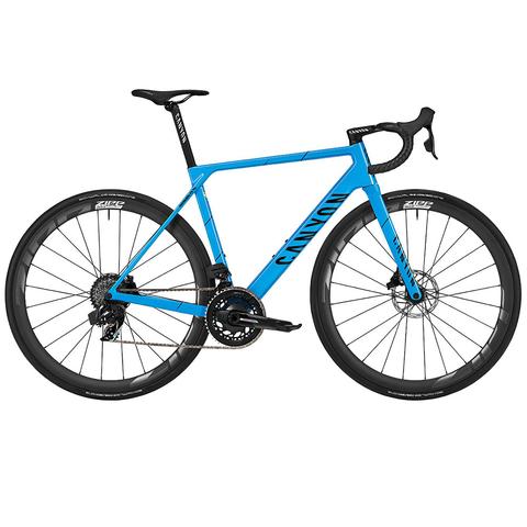 2024 Canyon Ultimate CF SL 8 AXS Movistar Road Bike in bright blue with aerodynamic frame hydraulic disc brakes and carbon wheels