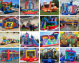 A variety of colorful inflatable slides, bounce houses, and party tents designed for outdoor events and gatherings