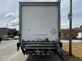 A white 2019 International 4300 box truck viewed from the rear with a loading dock and a trailer hitch visible