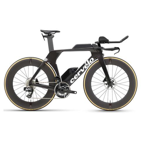 Cervelo P5 Red AXS 2025 sleek triathlon bike featuring aerodynamically designed frame extended handlebars and high-performance wheels with a black and gold color scheme