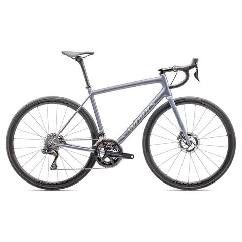2025 Specialized S-Works Aethos road bike featuring a sleek gray frame Shimano Dura-Ace Di2 components and aerodynamic design with modern wheels and disc brakes