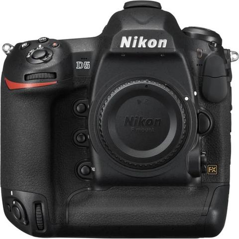 Nikon D5 DSLR camera body featuring dual CF slots with a textured grip and a prominent shutter button