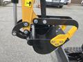 Close-up of the bucket attachment of a 2024 AGT Industrial Yellow H13R Mini Excavator showing bolts and a yellow handle