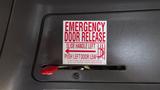 Emergency door release instruction sign with slide handle left and push left door leaf directions on a 2014 Freightliner Thomas Bus Diesel