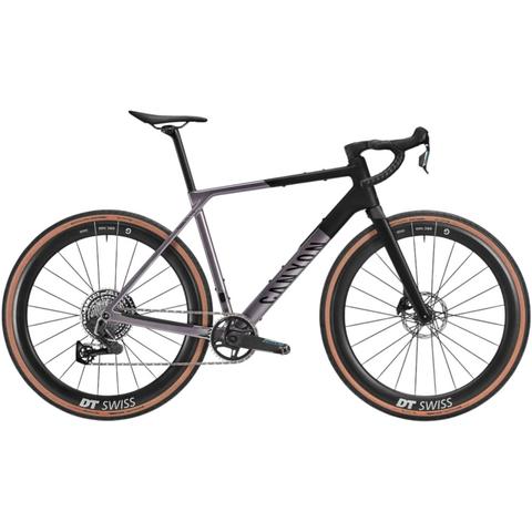 2026 Canyon Grail CF SLX 8 AXS RS Road Bike with a sleek black and purple frame and wide tires featuring DT Swiss branding
