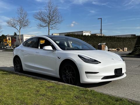 A white 2019 Tesla Model 3 is parked with a sleek design featuring a rounded front, black wheels, and a streamlined body