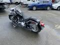 A black 2008 Harley-Davidson FLSTFI motorcycle with chrome accents and a low-slung design parked on a wet surface