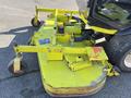 A yellow 2010 Kubota F3990 mower attachment with adjustable arms and wheels for maneuverability