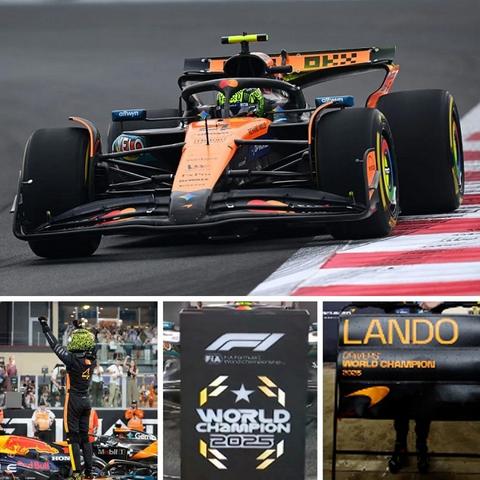 Minichamps McLaren MCL39 model car featuring Lando Norris in a racing pose with pit boards showcasing the 2025 Abu Dhabi Grand Prix World Champion details