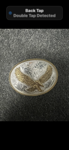 An oval belt buckle featuring an intricately designed silver surface with a raised golden eagle in the center surrounded by decorative patterns