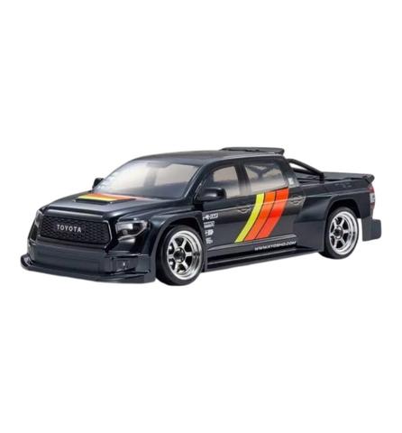 A black 1/10 scale Kyosho FAZER D2 Toyota Tundra drift car features colorful side stripes and sporty wheels designed for RWD drift racing