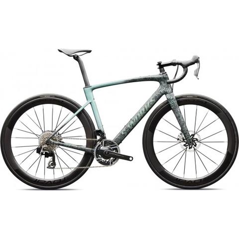 2026 Specialized S-Works Roubaix SL8 SRAM RED AXS Road Bike with a light blue and gray geometric design and carbon fiber frame and wheels