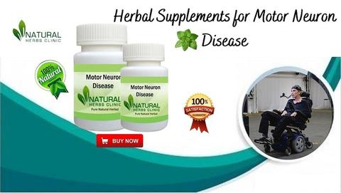 Bottles of herbal supplements labeled for Motor Neuron Disease with a green leaf graphic and a satisfaction guarantee badge