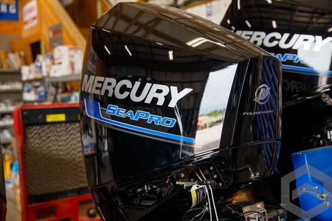 Mercury SeaPro 200 HP 34L V6 Outboard Engine with a glossy black casing and blue and white branding visible on its side