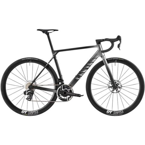 A 2026 Canyon Ultimate CFR AXS road bike featuring a sleek gray frame disc brakes and high-performance wheels designed for road cycling