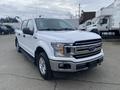 A white 2019 Ford F-150 with a chrome grille and black accents is parked at an angle showcasing its front and driver side