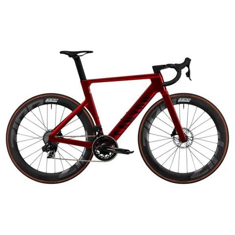 Canyon Aeroad CF SLX 8 AXS 2025 bike with a sleek red frame aerodynamic design disc brakes and integrated components