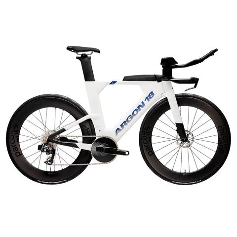 2026 Argon 18 E-119 Tri SRAM Force AXS Classified Powershift Carbon Triathlon Bike in white with black wheels and aerodynamic design