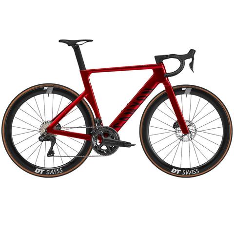 2025 Canyon Aeroad CF SLX 8 Di2 Road Bike in a vibrant red color featuring aerodynamic design and disc brakes with DT Swiss wheels