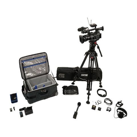 Sony All-in-One PXW-Z280 Camera Transport Kit featuring a camera on a tripod along with a carry case and various accessories such as batteries cables and a microphone