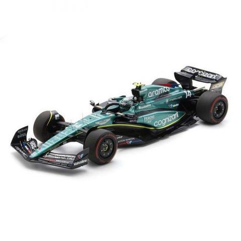 Spark Aston Martin AMR23 model car featuring the #14 F Alonso design from the 2023 British Grand Prix with detailed sponsor logos and a sleek aerodynamic shape