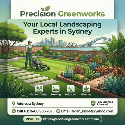 A man using a lawn mower on a well-maintained lawn surrounded by landscaped gardens and plants
