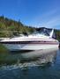 A 1991 Larson Mirado boat with a sleek white hull and a purple stripe is moored on calm water, featuring a covered cockpit and chrome railings