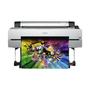 Epson SureColor P10000 large-format printer with colorful graphic design titled Revival Party printed on a giant sheet emerging from the front