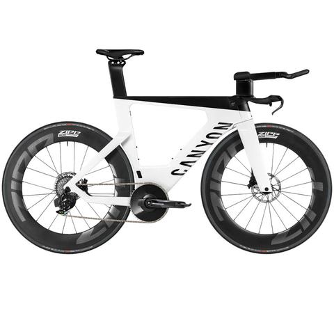 2025 Canyon Speedmax CF SLX 8 AXS 808 Road Bike featuring a sleek black and white design with aerodynamic frame and Zipp wheels