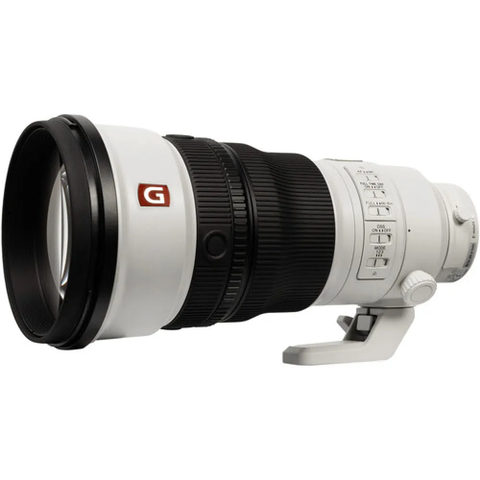 Sony FE 300mm f28 GM OSS Lens featuring a white and black design with a large front element and various control buttons and switches on the side