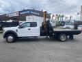 A 2017 Ford F-550 chassis cab with a flatbed and mounted crane on the passenger side