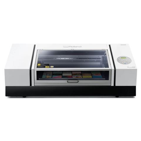 Roland VersaUV LEF2-300D Benchtop Flatbed UV Printer featuring a sleek design and a control panel with buttons and a display for printing on various materials