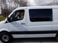 A 2016 Mercedes-Benz Sprinter van in white with a dark tinted window and black detailing along the bottom of the vehicle