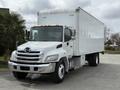 A 2017 Hino 338 truck with a white box cargo area and a silver front grille is parked with its lights on and a prominent logo on the grill
