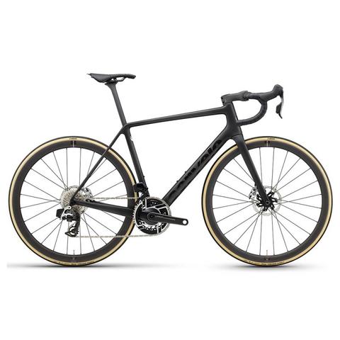 2025 Cervelo R5 Red AXS Road Bike featuring a sleek black frame with gold-accented wheels and advanced gearing system designed for high-performance cycling