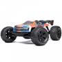 An Arrma 1/8 Kraton 4x4 6S BLX Brushless V6 Speed Truck RTR features a vibrant orange and blue design with large tires and a detailed shell design